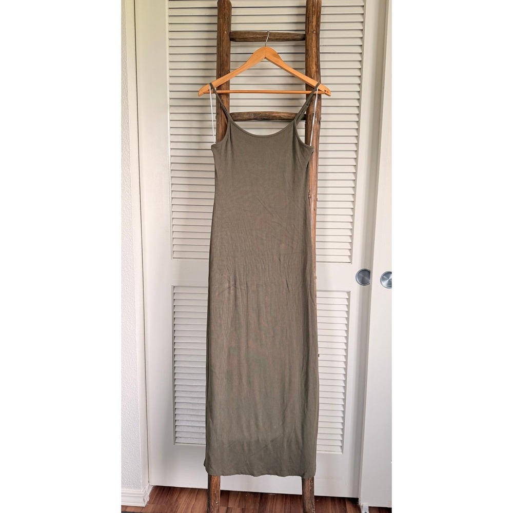 Mahina Ribbed Maxi‎ Dress Large Olive Green